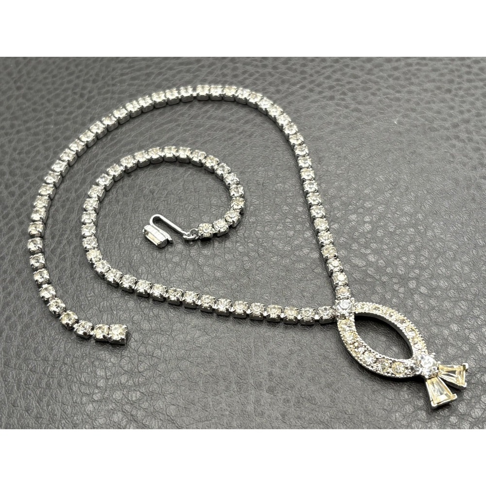 Vintage Clear Round Keystone Rhinestone Necklace Ribbon Statement Choker 16.5"